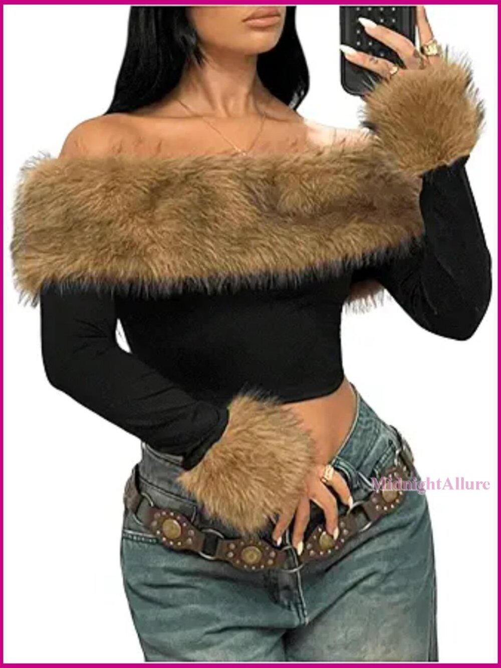 Faux Fur Off Shoulder Crop Top Long Sleeve Y2K Party Outfit